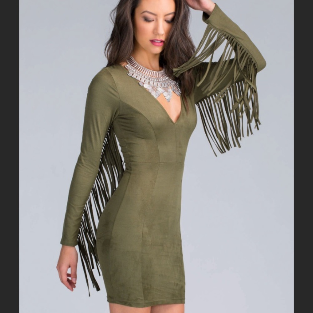 Olive Fringe Suede Dress